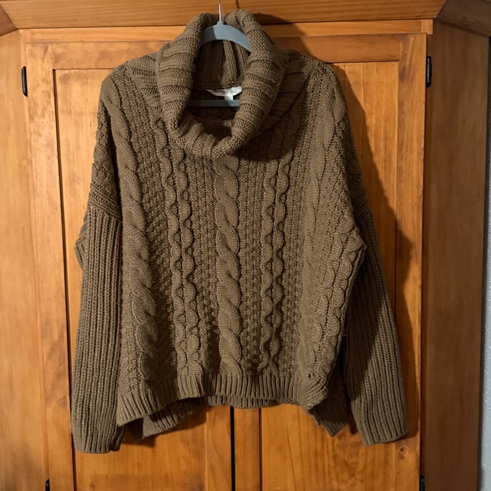 Cozy Cowl Neck Cable Knit Sweater - Tan
